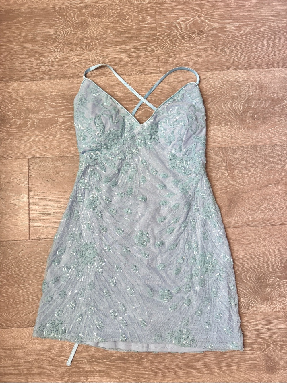 Lulu's Light Mint Sequin & Bead V-Neck Crisscross Mini Dres